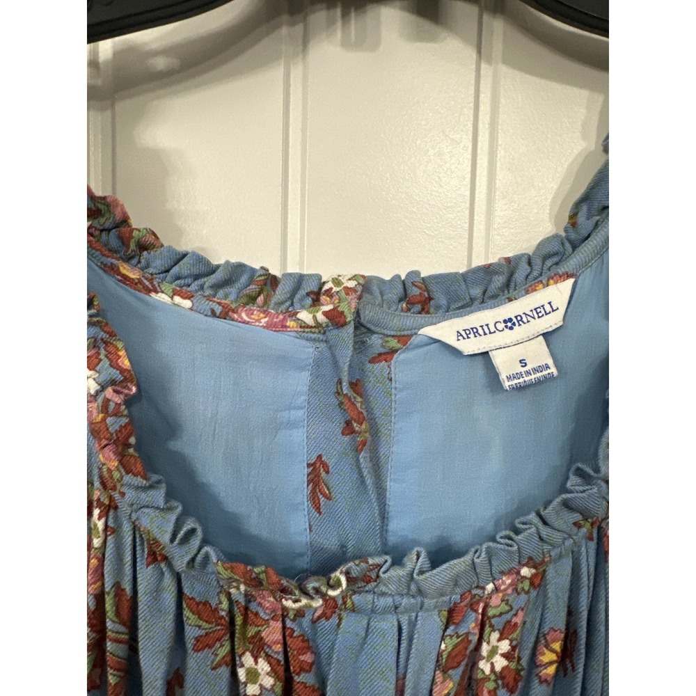 April Cornell Blue Floral Maxi Dress Ruffle Neck 3/4 Sleeve Cottagecore Small - Picture 3 of 8